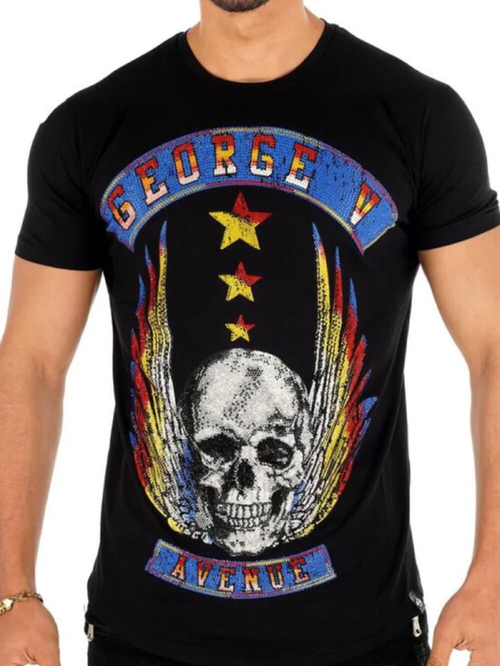 Avenue George V Paris T-Shirt rhinestone Skull Men's Black Short Sleeve XL 2XL